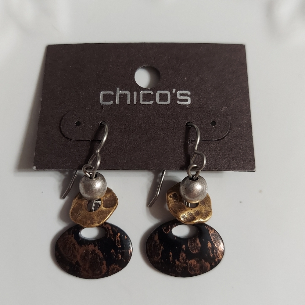 Chico's Textured Silver, Gold, Black & Copper Oval Dangle Drop Earrings